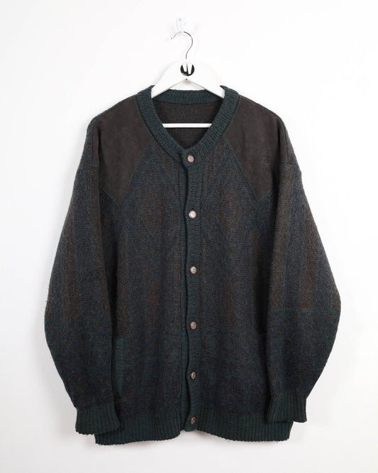 Cardigan Vintage Wool Button Shoulder Suede