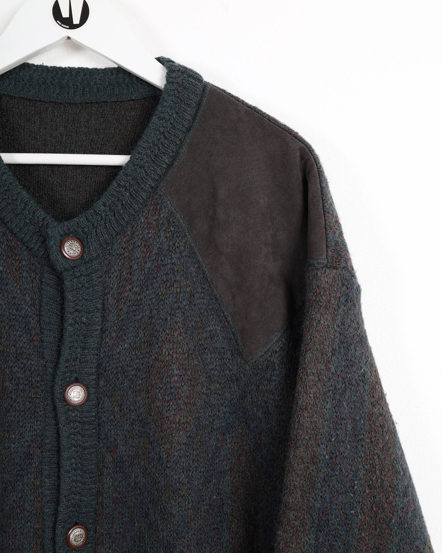Cardigan Vintage Wool Button Shoulder Suede