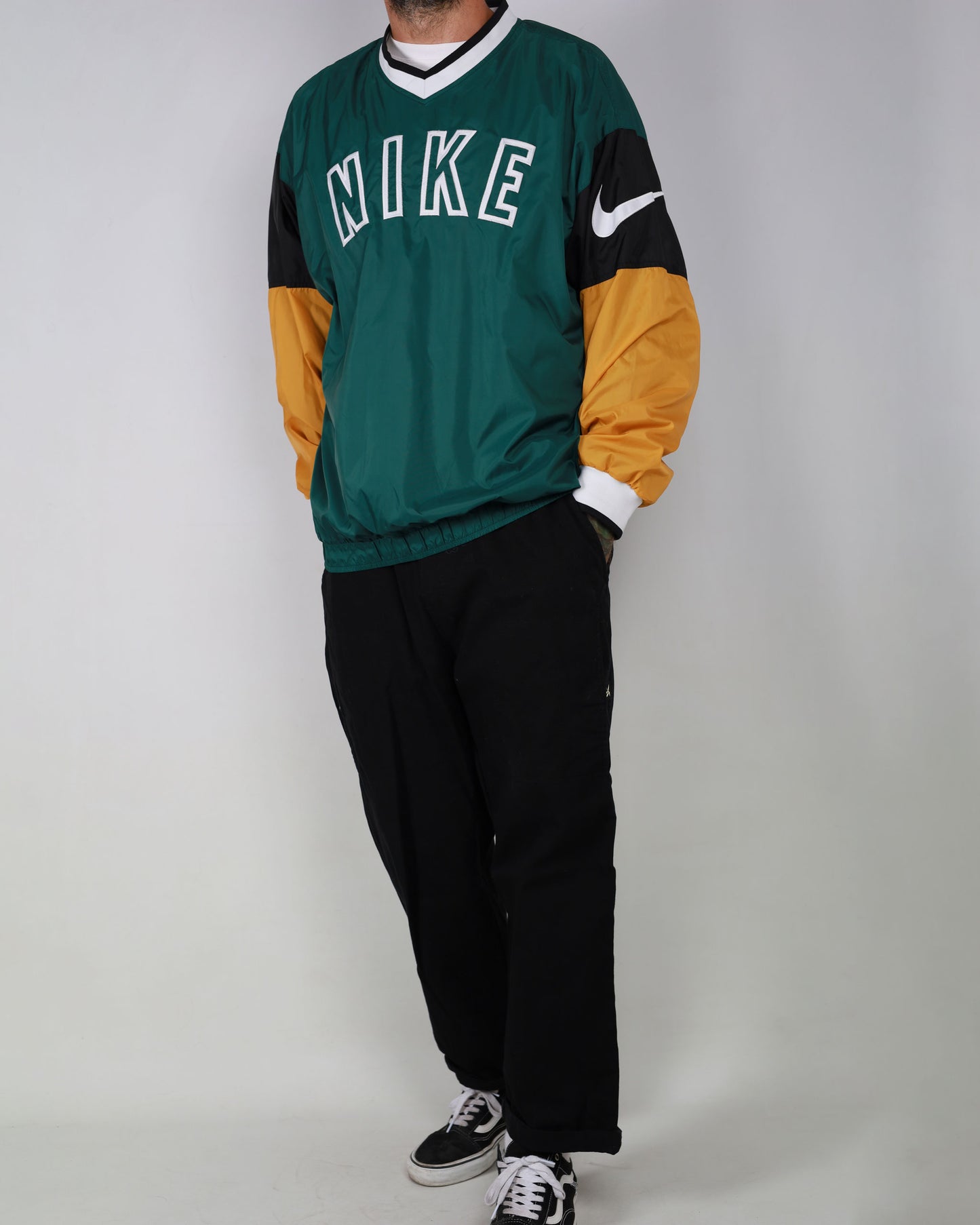 Nike V-Neck Shell Sweatshirt Logo Spell Out Green L