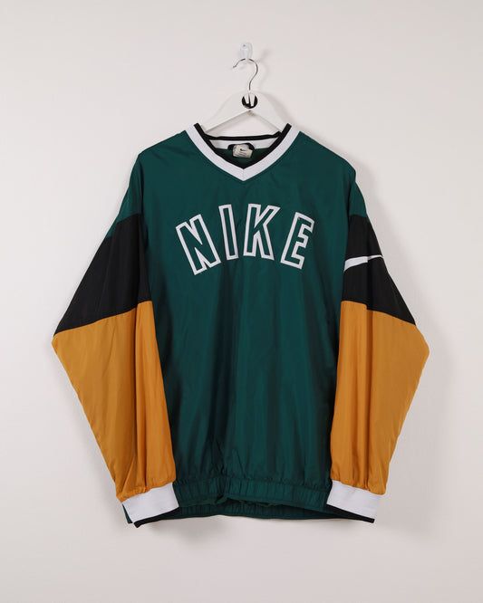 Nike V-Neck Shell Sweatshirt Logo Spell Out Green L