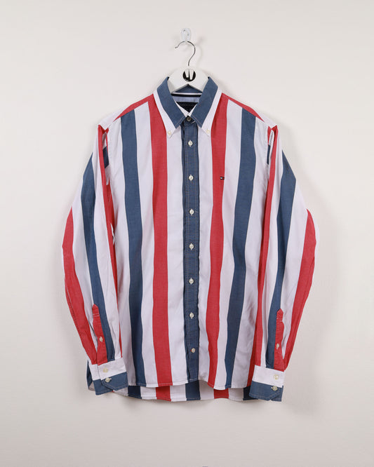 90s Vintage Tommy Hilfiger Regular Fit Striped Long Sleeve Shirt Red/Blue M