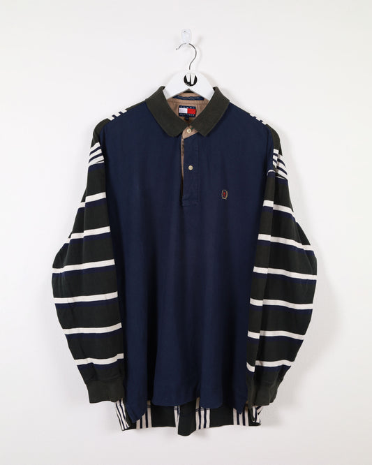 Tommy Hilfiger Asymmetric Long Sleeve Rugby Polo Shirt Navy/Khaki L