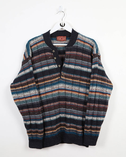 Maglione in lana lavorato a maglia a righe a righe con collo a ¼ Ford color sabbia vintage