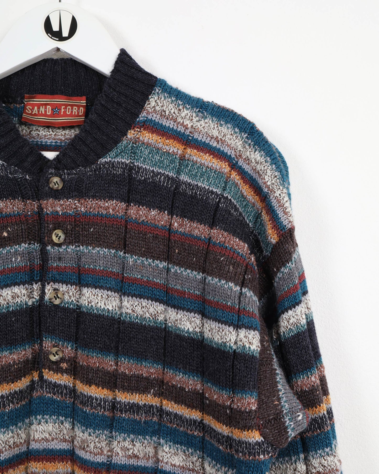 Vintage Sand Ford ¼ Neck Button Up Striped Knit Wool Jumper